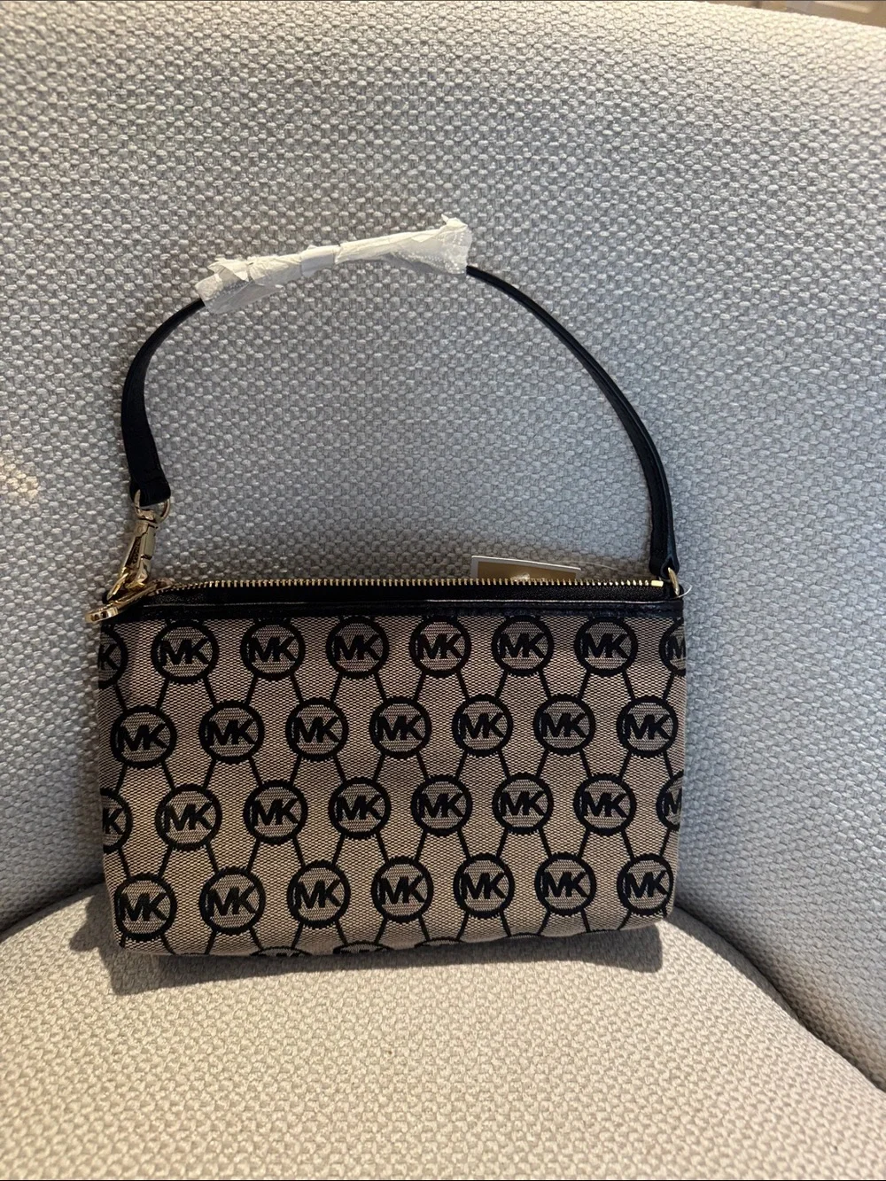 Michael Kors Beige & Black Monogram Jacquard Signature MK Wristlet